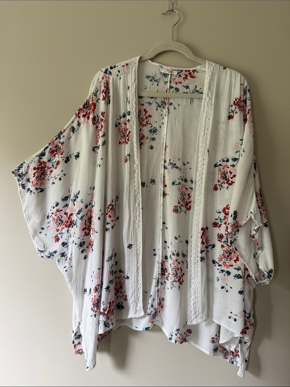 Maurices White Floral Open Kimono with Coral and Navy Accents